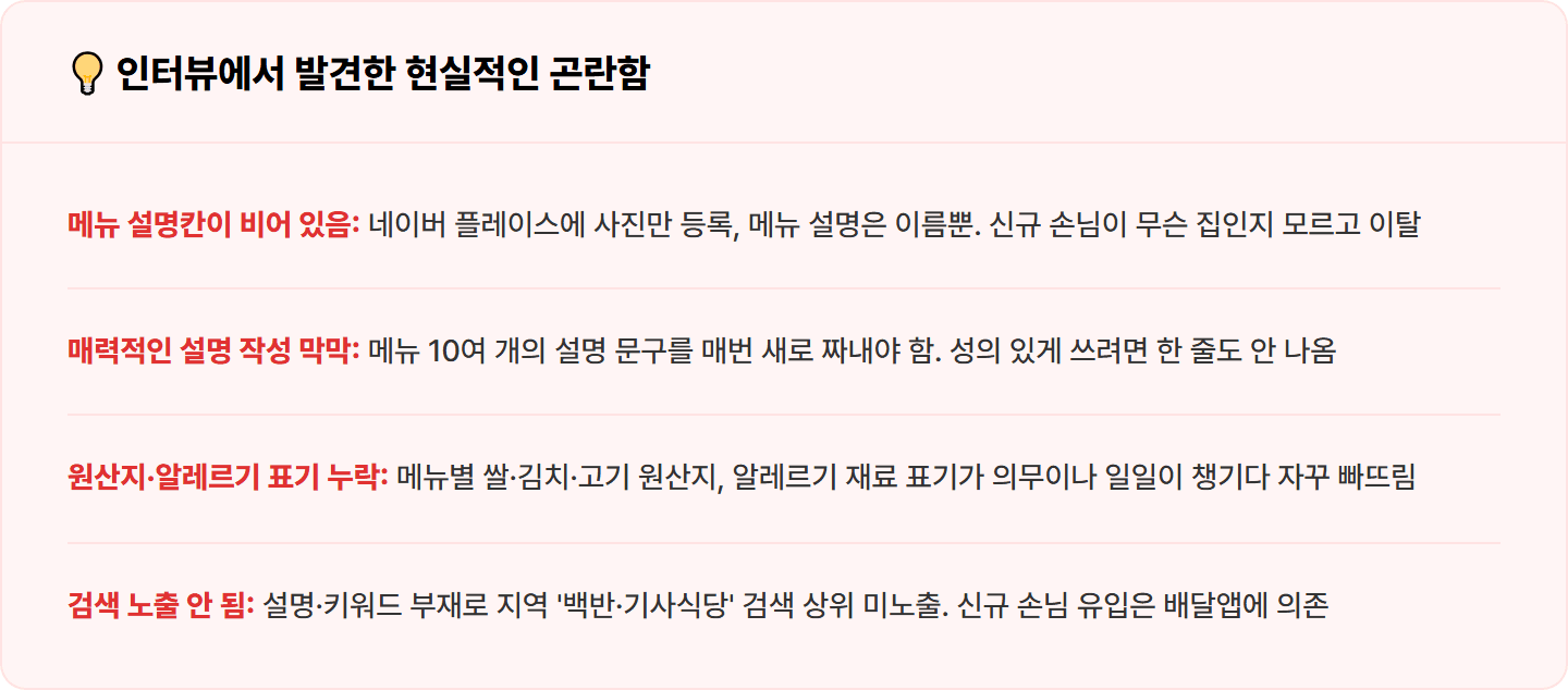 [동네 식당] Claude로 네이버 플레이스 메뉴판 등록용 메뉴 설명·원산지·키워드 세트 30분 컷