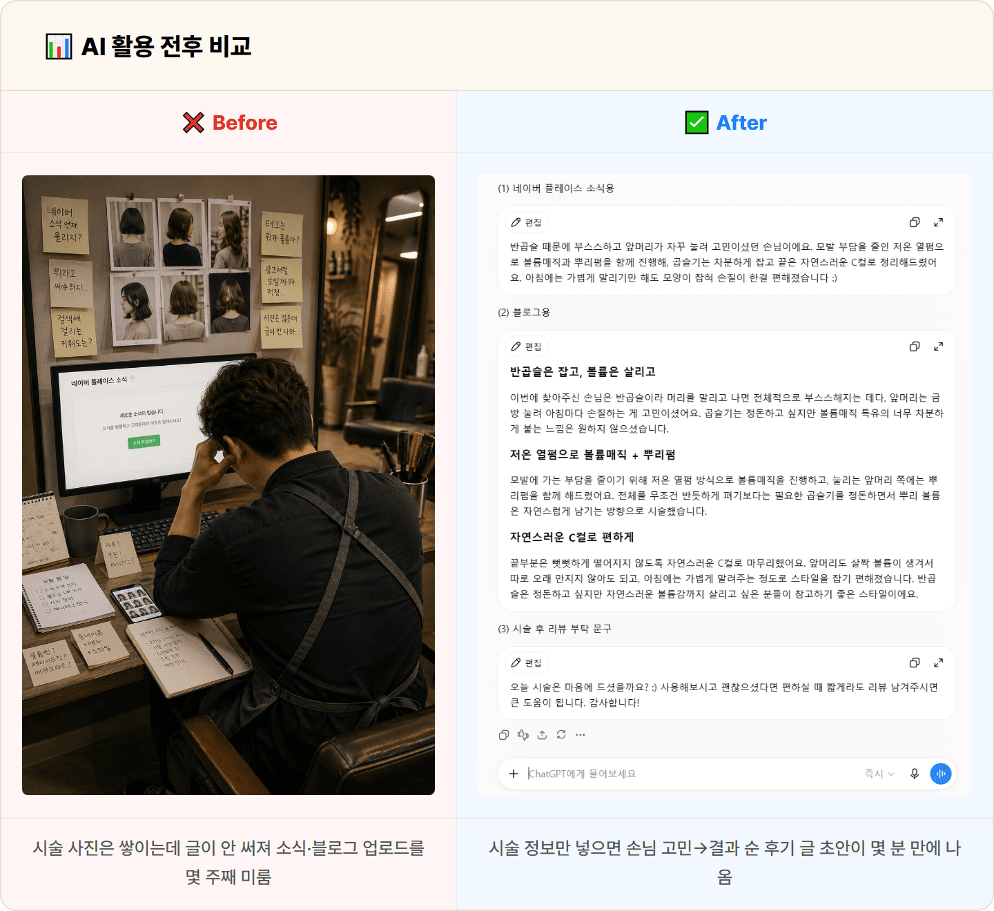 [동네 미용실] ChatGPT로 네이버 플레이스 소식·블로그용 시술 후기 글 + 해시태그 세트 30분 컷