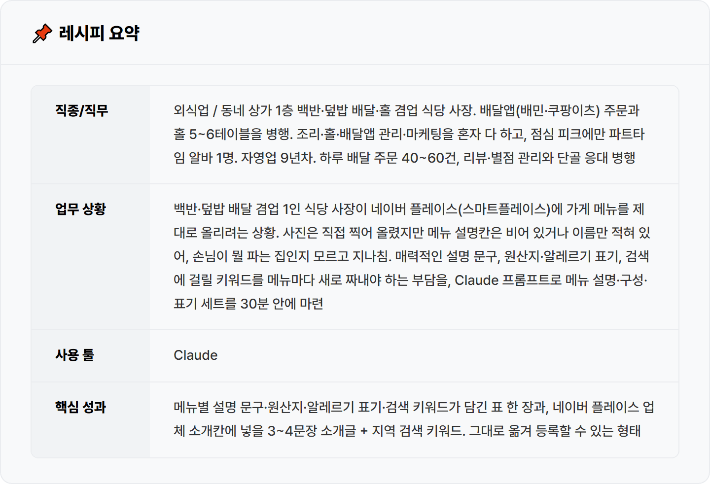 [동네 식당] Claude로 네이버 플레이스 메뉴판 등록용 메뉴 설명·원산지·키워드 세트 30분 컷