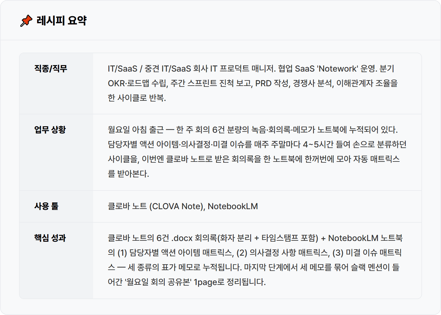[IT PM] 클로바 노트+NotebookLM으로 한 주 회의 6건 액션 아이템·의사결정 매트릭스 30분 컷
