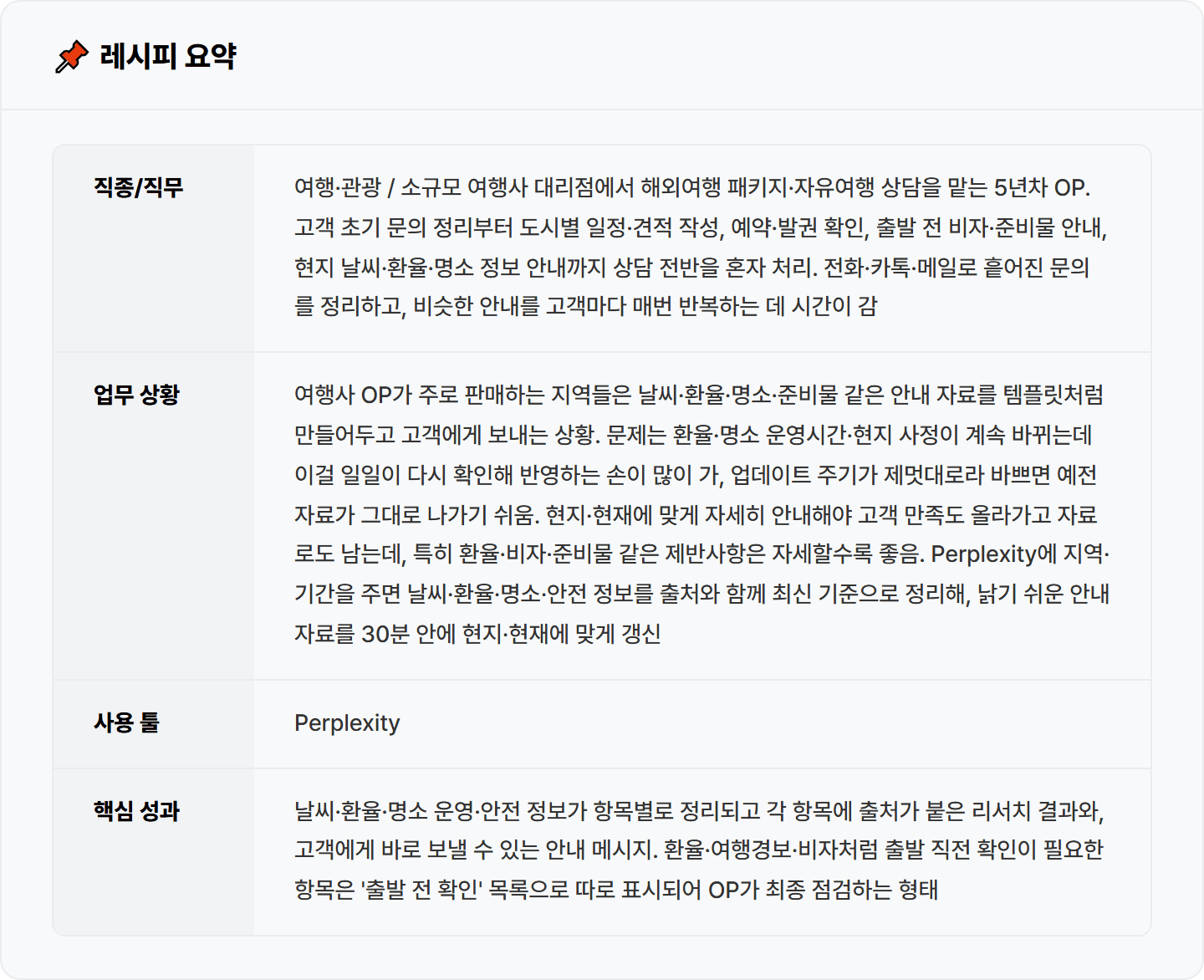 [여행사] Perplexity로 목적지 날씨·환율·명소·안전 정보 리서치 30분 컷